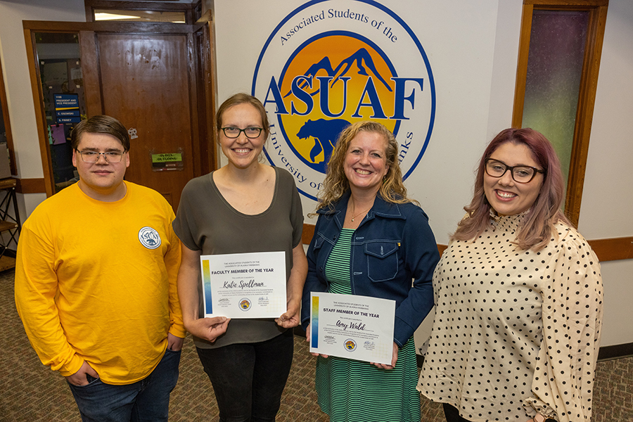 ASUAF president Cole Osowski, left, and vice president Sarah Finney, right, award Katie Spellman, second from left, and Amy Wald, second from right, the ASUAF Senate Faculty Member of the Year and Staff Member of the Year Awards respectively on Aug. 15, 2023.