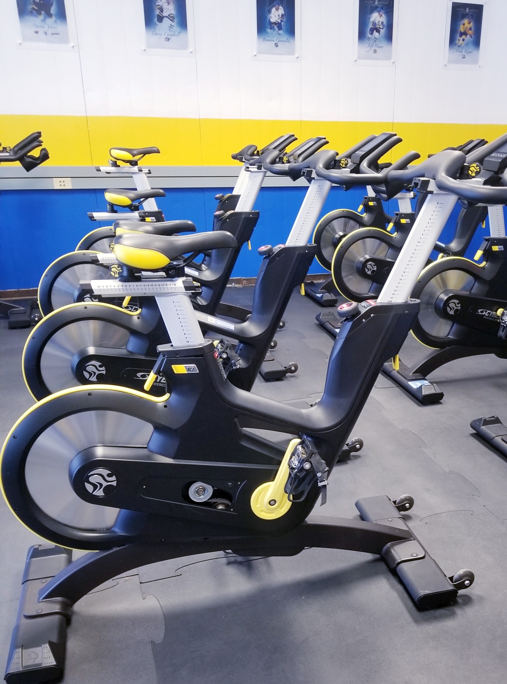 Indoor cycling bikes in the Nanook Recreation indoor cycling studio.