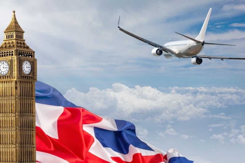 Airplane flying above Big Ben and UK flag