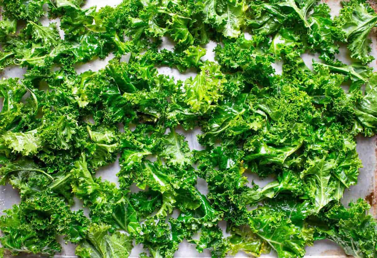 Raw kale on a sheet pan