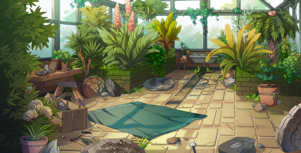 The scene art for Ancient Propogations. A sunny greenhouse displays many ancient plants growing in pots and along the rafters, and there are fossils ground and a table to the left