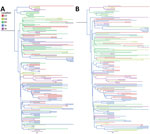 Thumbnail of Incidence-controlled phylogeny of Eastern and Central flyways, United States. Sequences were down-sampled such that the number of sequences was proportional to the annual incidence of West Nile neurologic disease incidence for each location between 2001 and 2009. Down-sampling was undertaken twice (A and B) to ensure that the reduction in sequences did not result in a substantial loss of diversity. Illinois, North Dakota, and South Dakota were not included in the incidence-control a