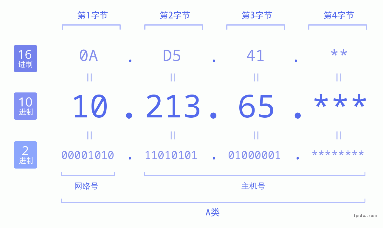 IPv4: 10.213.65 网络类型 网络号 主机号