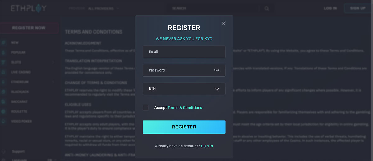 ETHPlay-casino-registration-form