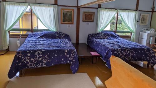 立山町Pension Alba - Vacation STAY 70972v的一间卧室设有两张床和两个窗户。