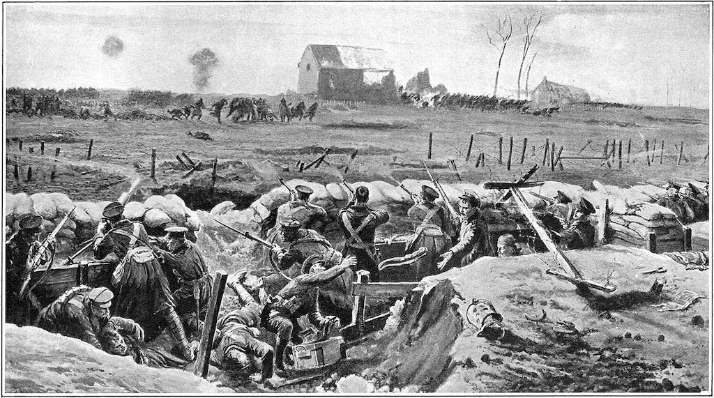 A drawing of early trench warfare with soldiers wearing winter coats and peaked caps.