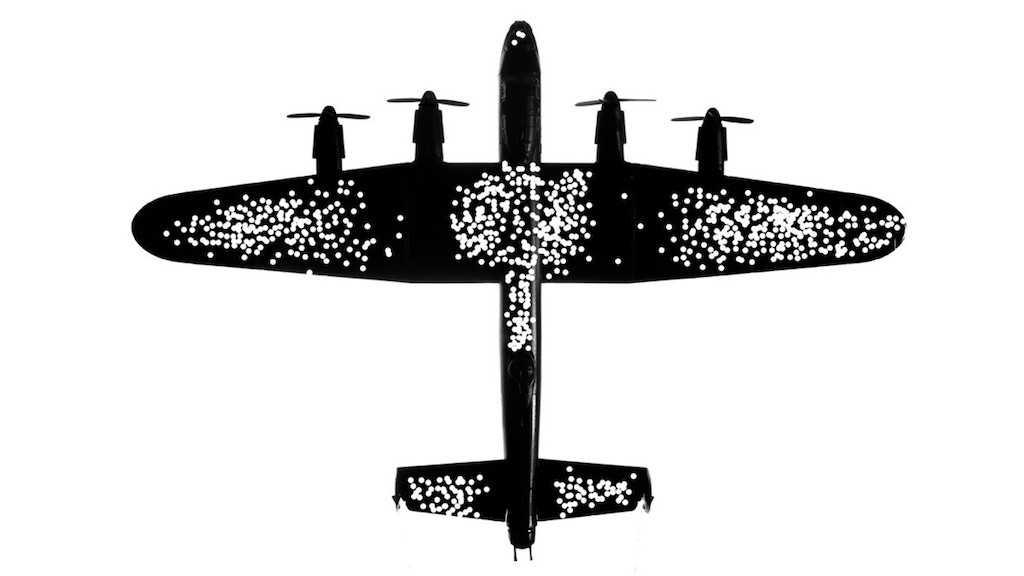 A scatterplot diagram of an airplane showing bullet holes concentrated in the middle of the fuselage, the wings, and the tail.