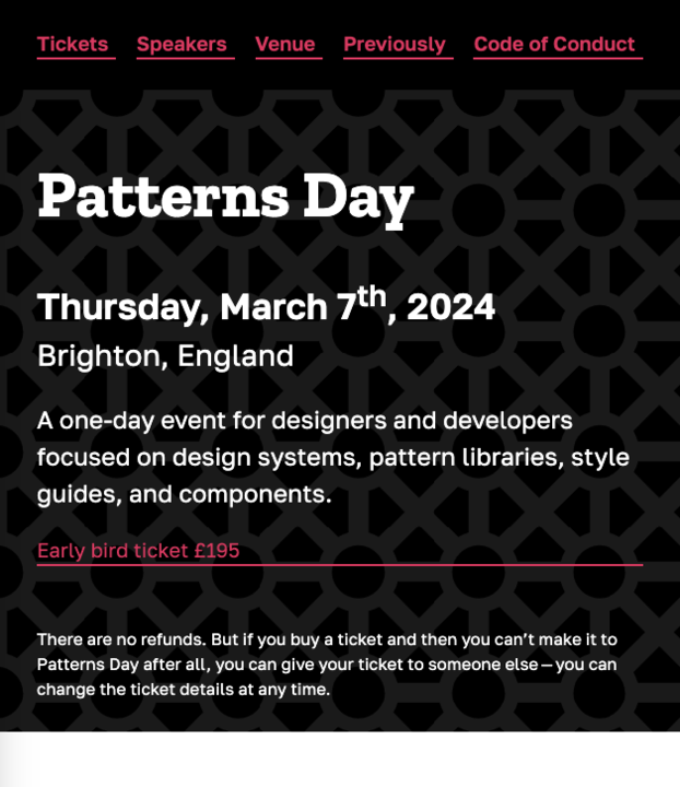 A screenshot of the web page for Patterns Day with colours added.