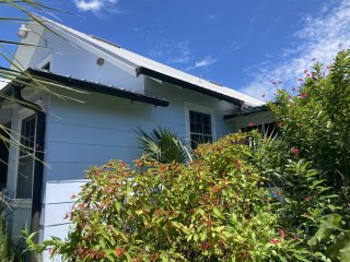 A light blue small house surrounded by lush vegetation under a blue sky on a sunny day.