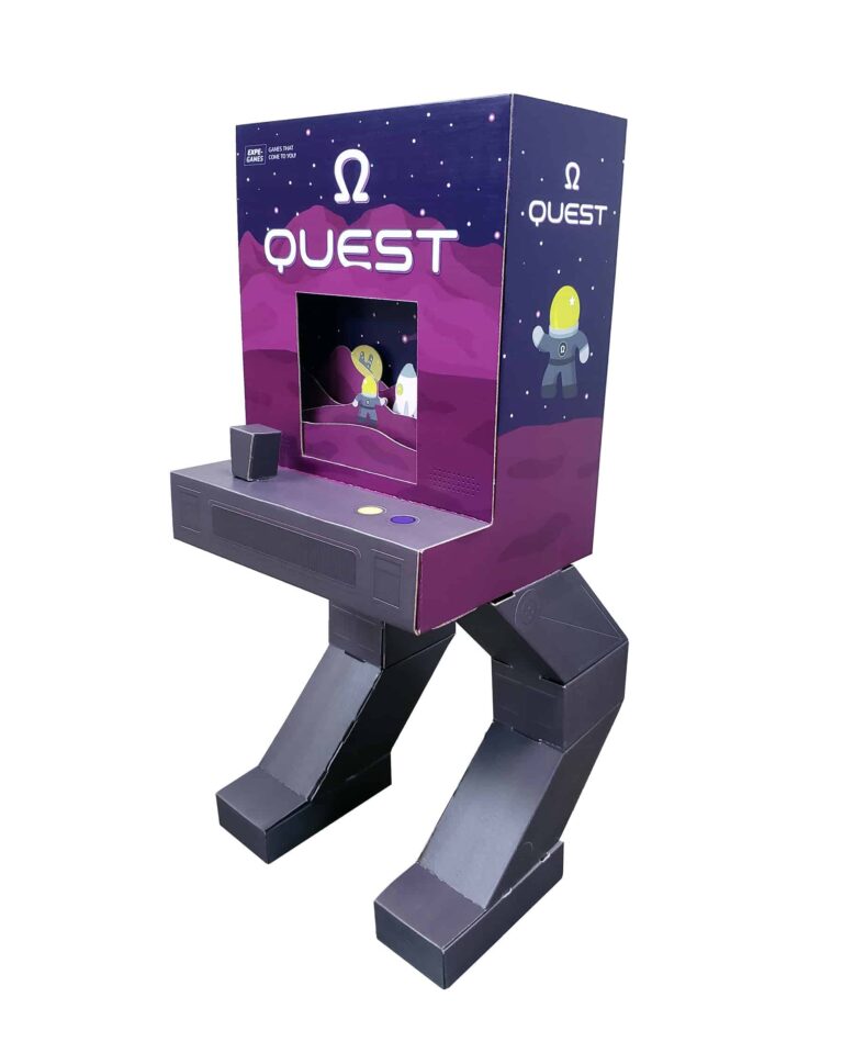 corrugated digital arcade machine with robot legs, arcade game is called "Omega Quest"