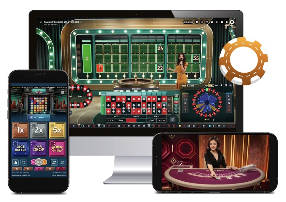 Computer and two phones featuring casino games from Pragmatic Play