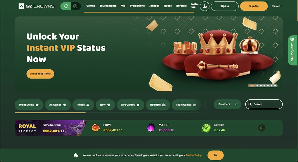 50 crowns casino home page with vip bonus and game displayed