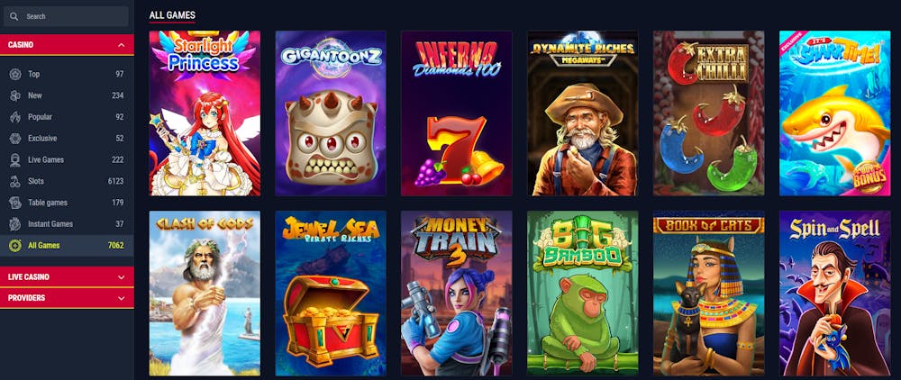 Rabona Casino games section