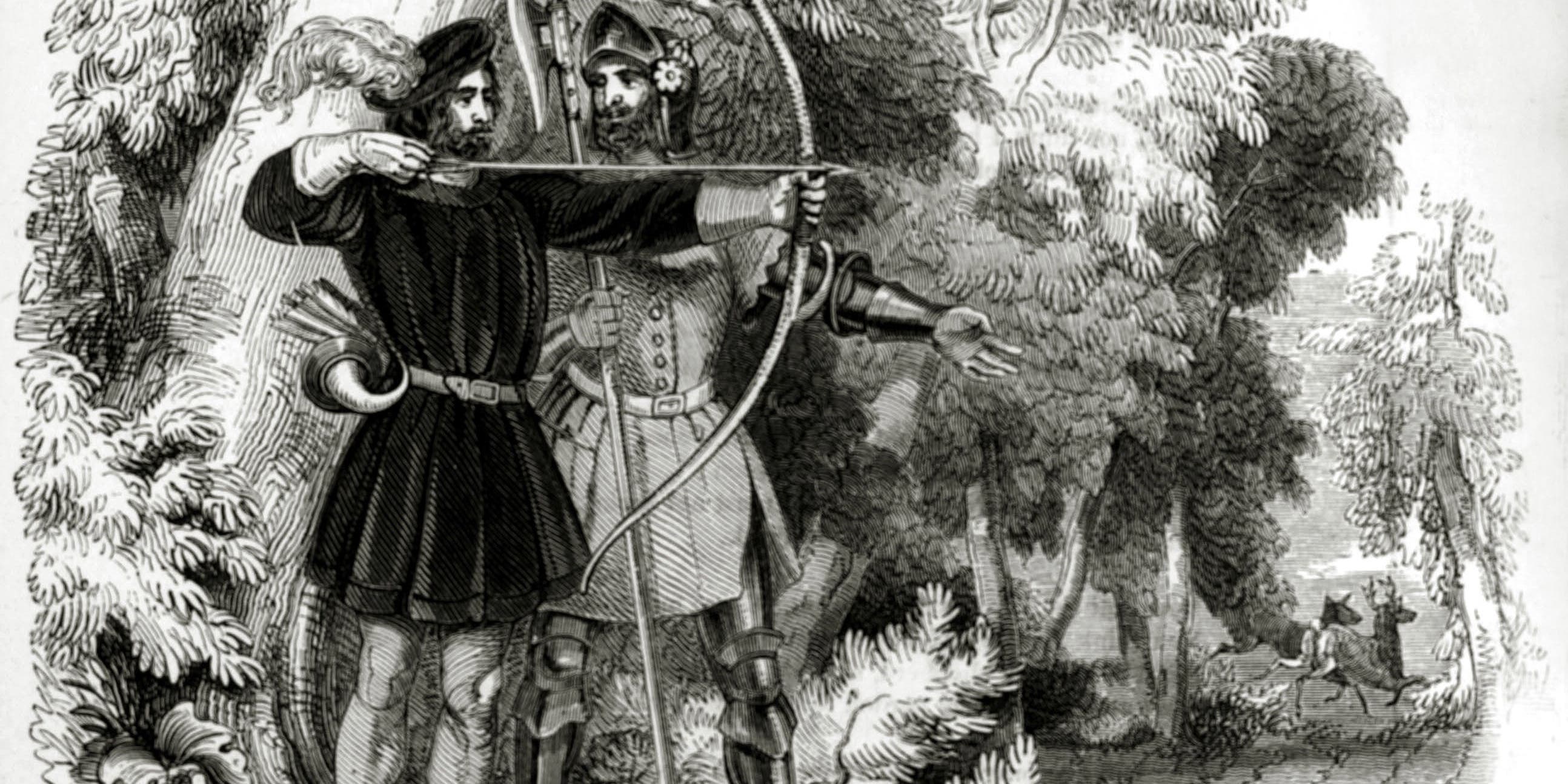 English History, Illustration, pic: circa 1200, Robin Hood and Little John, Legend has it that Robin Hood and his men who were thought to operate from Sherwood Forest, robbed from the rich to give to the poor (Photo by Bob Thomas/Popperfoto via Getty Images/Getty Images)