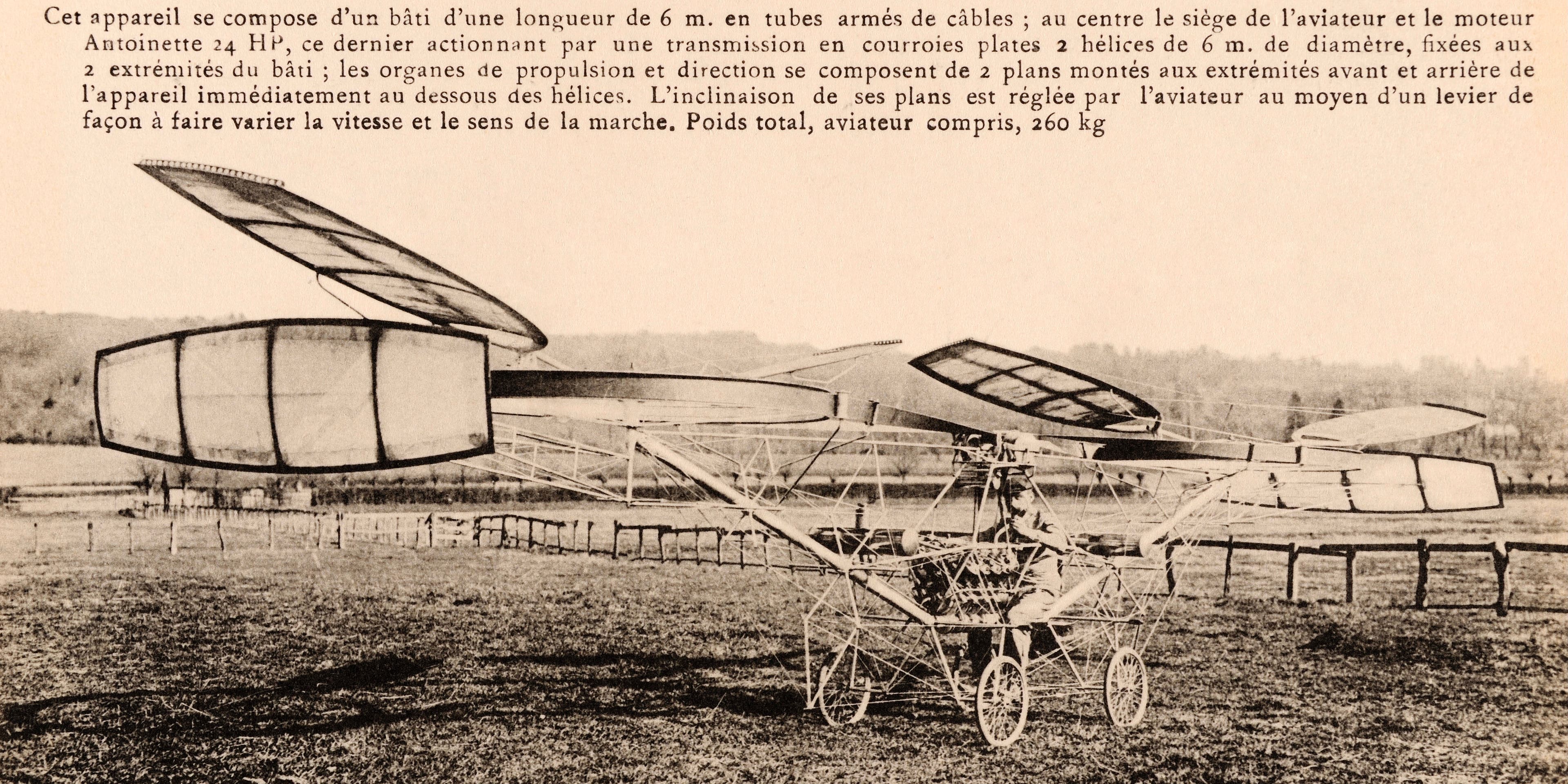 A vintage French postcard featuring the helicopter of Paul Cornu of Lisieux, France, who piloted the first manned flight of a rotary wing aircraft on 13th November 1907.