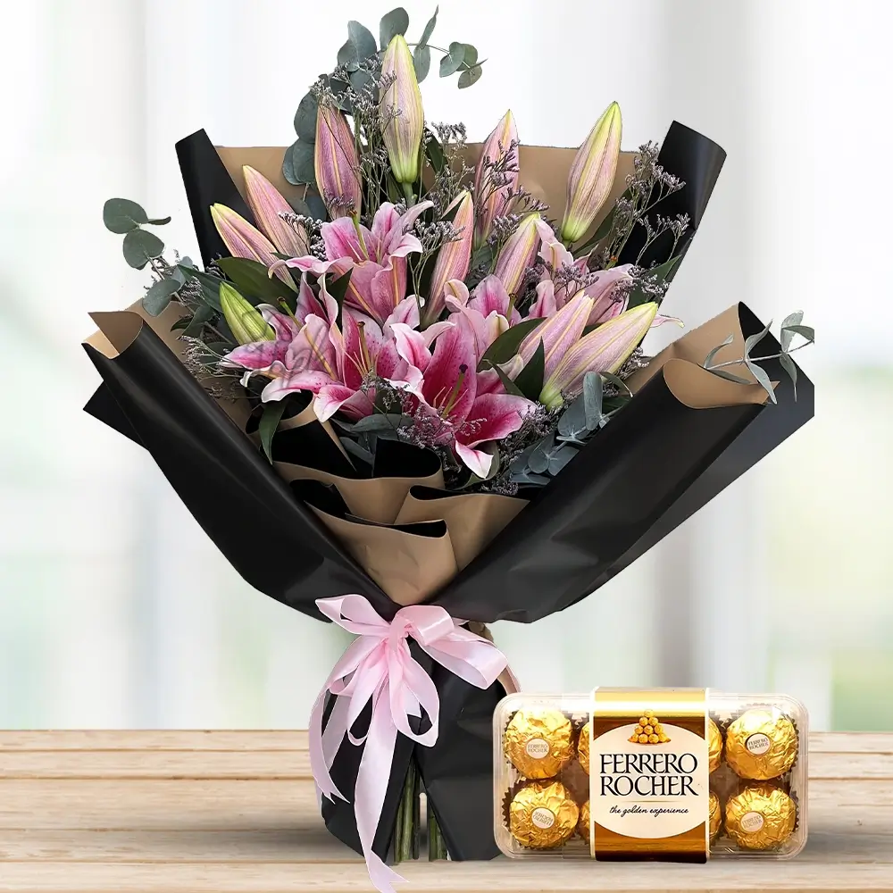 5 Stems of Pink Lilies & Chocolates