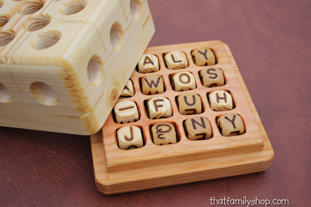 Wooden Boggle Game, 4x4 Handcrafted Board, Family Word Play