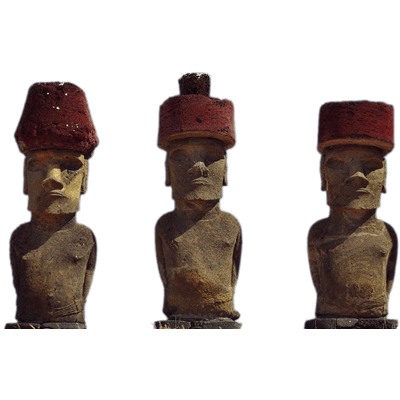 Three Moai Statues With Red Hats