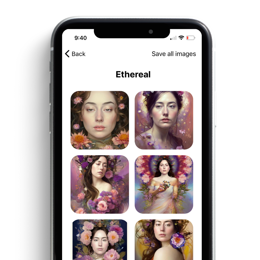 Screenshot of the Delicious app showing multiple generated images of a woman in a painted ethereal aesthetic