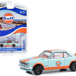 1971 Nissan Skyline 2000 GT-R RHD (Right Hand Drive) Light Blue with Orange Stripes and Orange Interior "Gulf Oil Special Edition" Series 1 1/64 Diecast Model by Greenlight by Diecast Mania