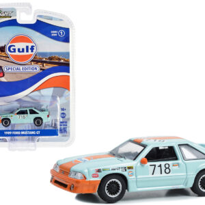 1989 Ford Mustang GT #718 Light Blue with Orange Stripe "Gulf Oil Special Edition" Series 1 1/64 Diecast Model by Greenlight by Diecast Mania