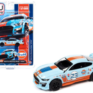 2022 Ford Mustang Shelby GT500 #23 Light Blue with Orange Stripes "Gulf Oil" Limited Edition to 4800 pieces Worldwide 1/64 Diecast Model Car by Auto World by Diecast Mania