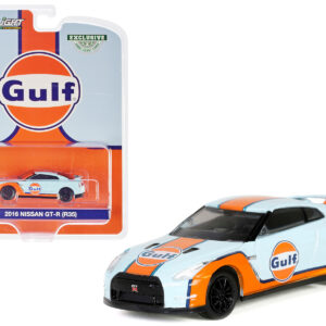 2016 Nissan GT-R (R35) Light Blue with Orange Stripes "Gulf Oil" "Hobby Exclusive" Series 1/64 Diecast Model Car by Greenlight by Diecast Mania