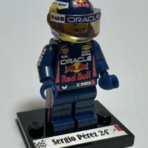 Sergio Checo Perez F1 driver Super suit and super helmet in minifigure Sports Car Racing Race Suits by RacingModelCar