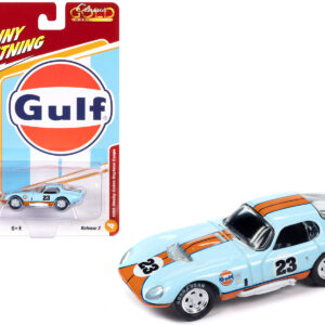 1965 Shelby Cobra Daytona Coupe #23 Light Blue with Orange Stripes "Gulf Oil" "Classic Gold Collection" 2023 Release 2 Limited Edition to 3388 pieces Worldwide 1/64 Diecast Model Car by Johnny Lightning by Diecast Mania