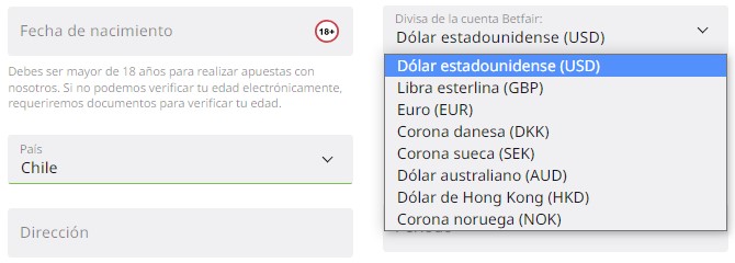 Formulario de registro en Betfair Chile