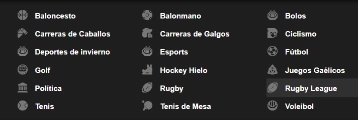 Menú de deportes en Betfair Chile