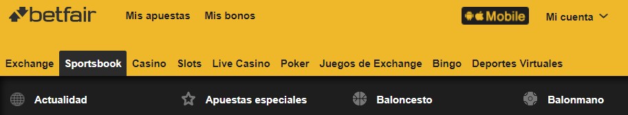 Menú de navegación en Betfair Chile