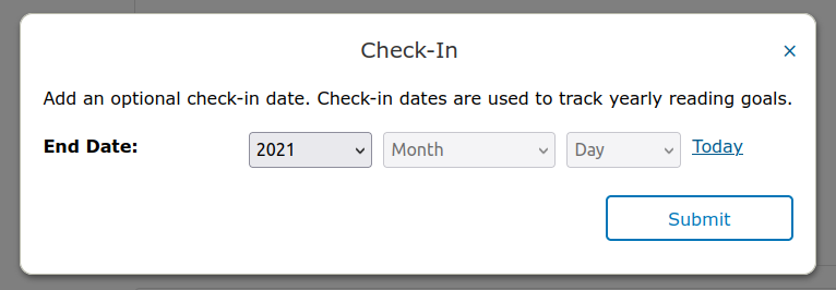 Check-in form with options for year, month, and day