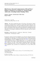 Risk factors, parental	communication, and self and peers’ beliefs as predictors of condom use among female adolescents attending family planning clinics. Cover Page