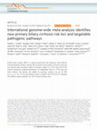 Research paper thumbnail of International genome-wide meta-analysis identifies new primary biliary cirrhosis risk loci and targetable pathogenic pathways