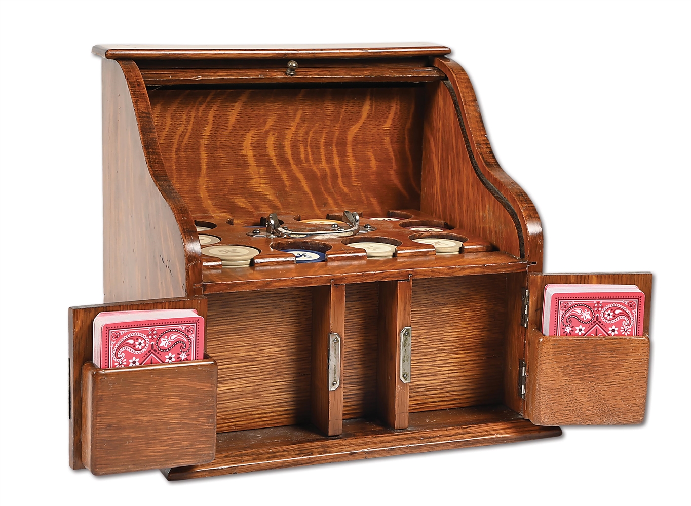 SET OF EARLY POKER CHIPS IN OAK ROLL TOP DESK CASE