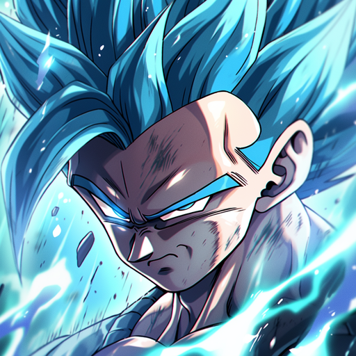 Confident and colorful illustration of Gogeta, a character from Dragon Ball, in Super Saiyan Blue form.