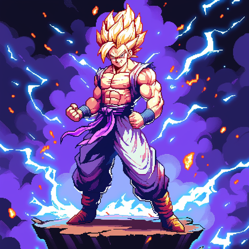 Colorful pixel art of Gogeta, a Super Saiyan from Dragon Ball, in an 8-bit style.