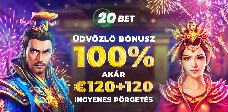 20Bet Kaszinó - 120 Ingyenes Pörgetés + 100% Bónusz