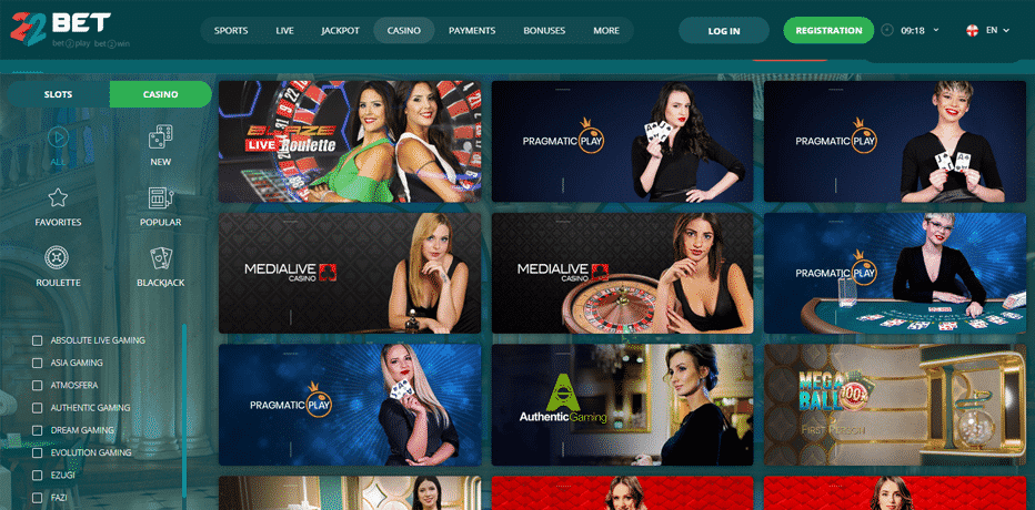 Casino & Live Casino games at 22Bet