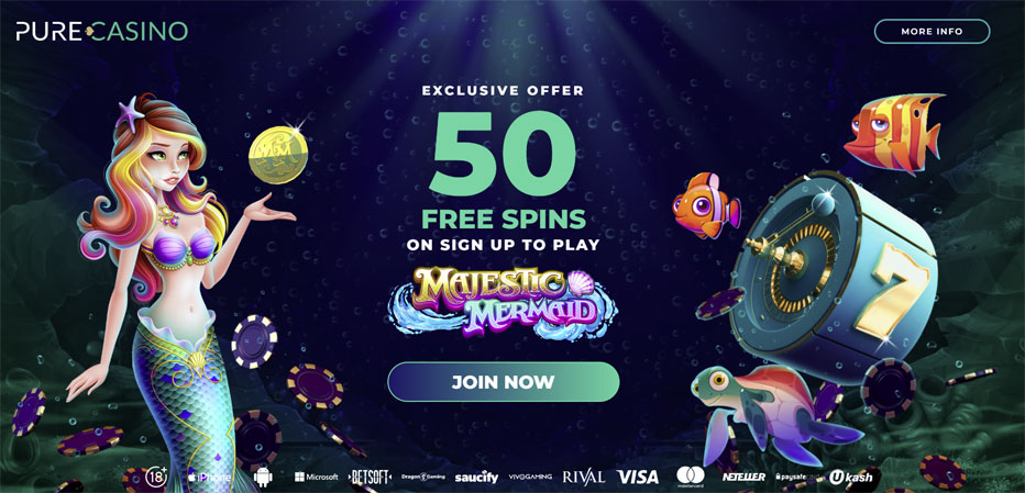 Pure Casino No Deposit Bonus - 50 Free Spins on Majestic Mermaid