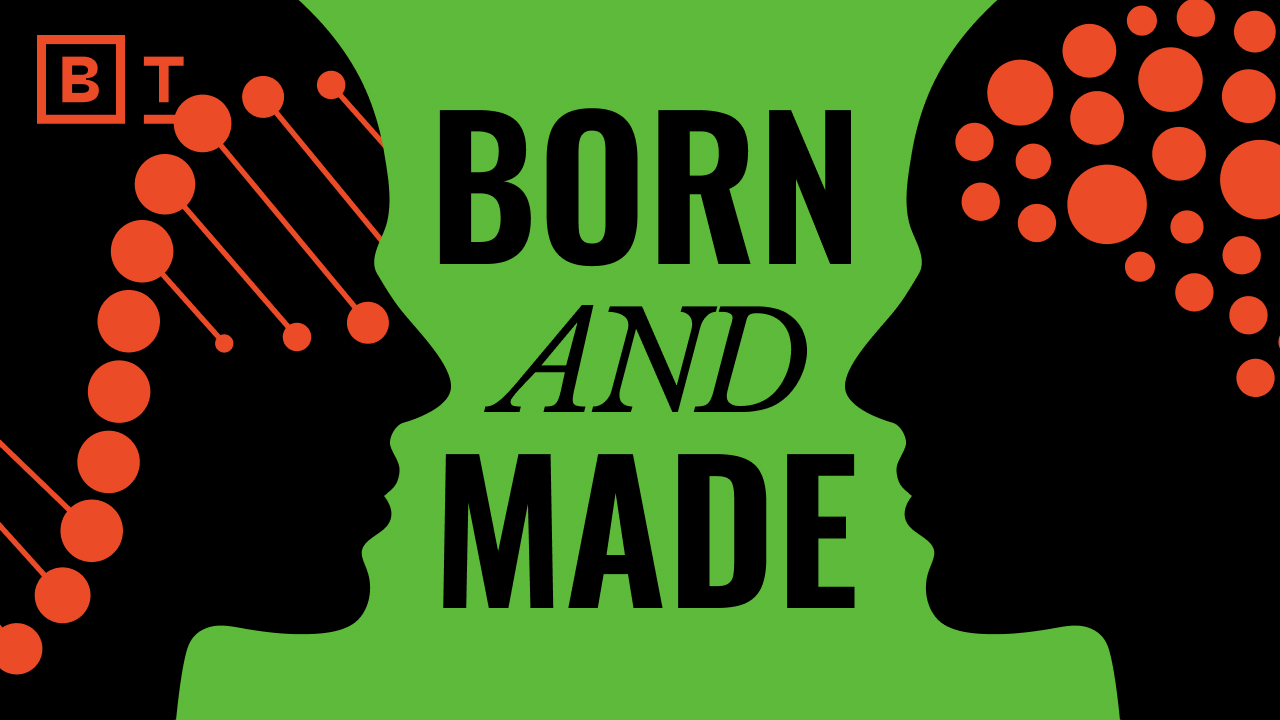 Illustration of two human silhouettes facing each other with neural connections and nodes, featuring the text "BORN AND MADE" on a green background.