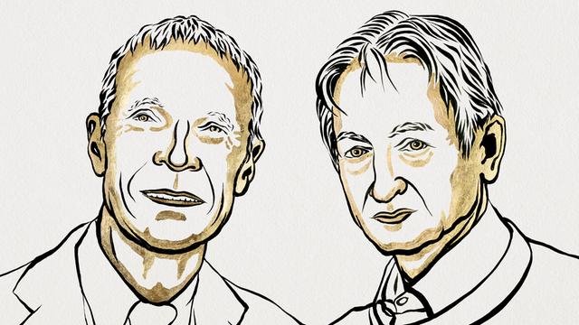 Zeichnung der Physik-Nobelpreisträger John Hopfield und Geoffrey Hinton