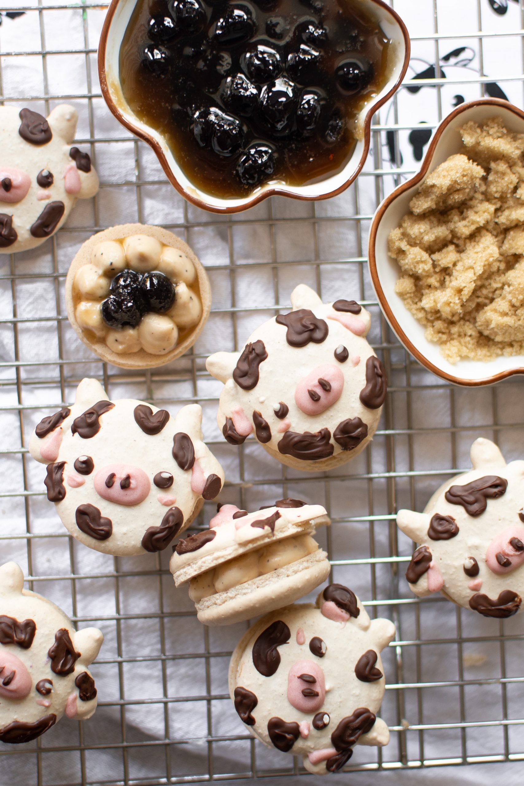 Cow macarons with milk tea filling