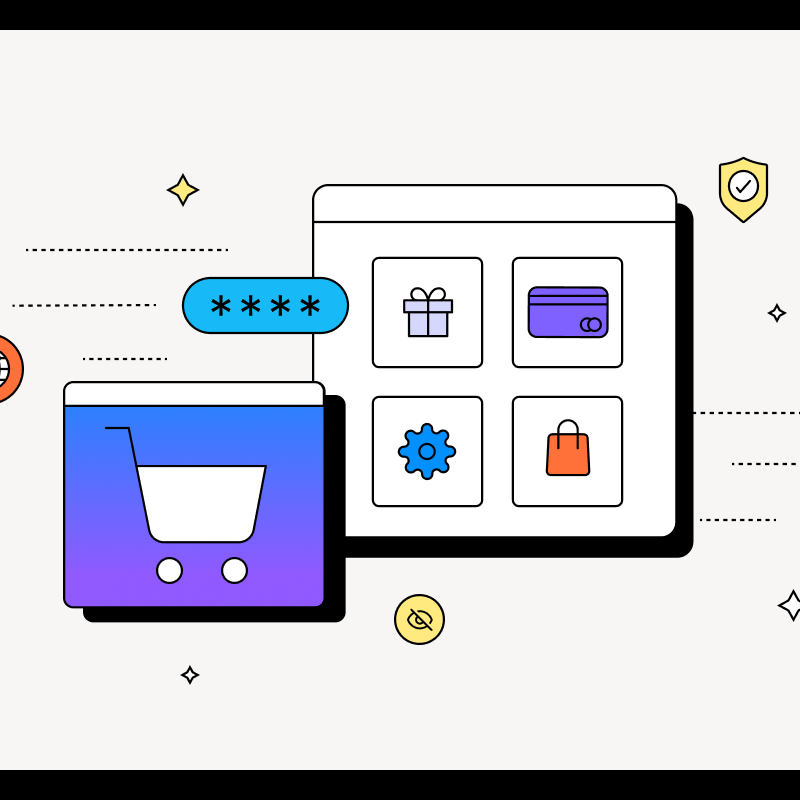 Illustration of an online shopping interface featuring a shopping cart, password input, and icons for gift, credit card, settings, and shopping bag, depicted with vibrant colors and clean lines, emphasizing security and user-friendly design.