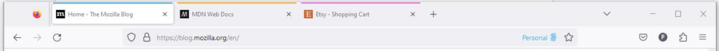 Browser window with multiple tabs open, including the Mozilla Blog, MDN Web Docs, and an Etsy shopping cart.