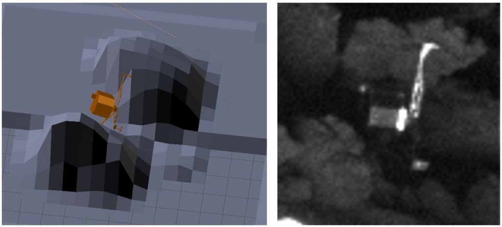 Comparison of the numerical models of the attitude of the lander (left) and the actual position of Philae as seen from Rosetta. Credit: A. Lethuillier and ESA/Rosetta/MPS for OSIRIS Team MPS/UPD/LAM/IAA/SSO/INTA/UPM/DASP/IDA