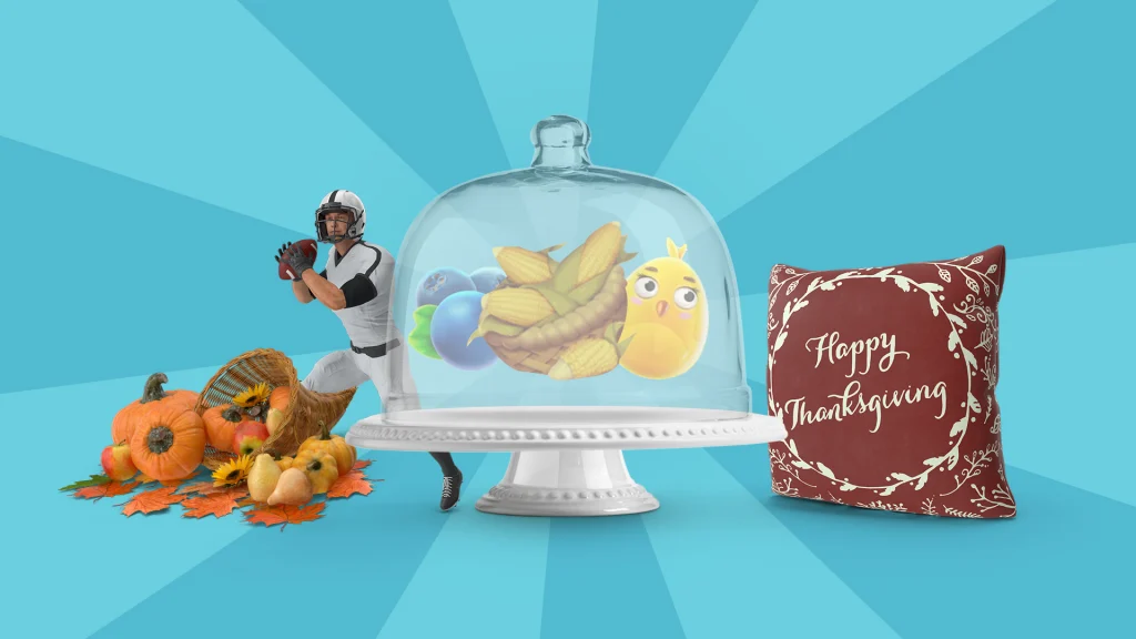 A light blue image shows pictures of a cornucopia, a football player, a Thanksgiving pillow, and fruits and veggies inside a cake tray.