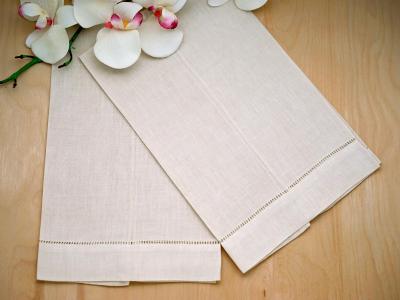 Set of 4 Ecru Linen Hand Towels with Hemstitched Edges