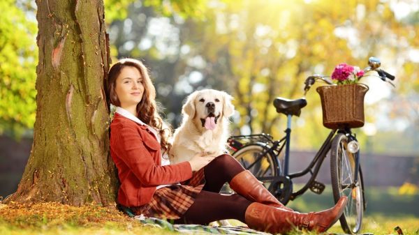 photography,red skirt,people,sitting,dog,spring